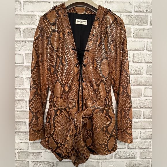 Saint Laurent Paris Python Leather Belted Playsuit size FR 36 Long Sleeve Shorts - Picture 6 of 16